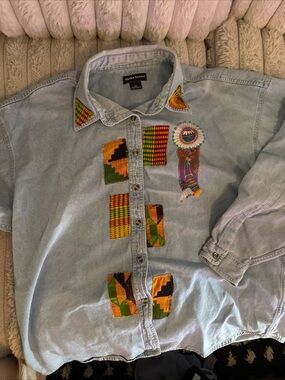 Light Wash Embroidered Button-Down Shirt with Kente Accents